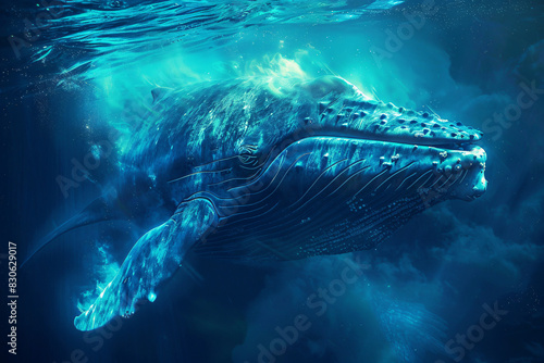 A blue whale is swimming in the ocean. The water is blue and the sky is dark. The whale is surrounded by a lot of stars and the sky is filled with them