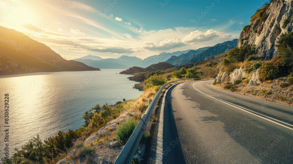 Scenic Winding Road Leading to Serene Lake Amidst Majestic Mountains Scenic Winding Road Leading to Serene Lake Amidst Majestic Mountains