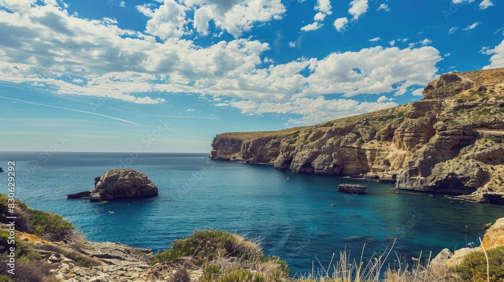Serene Seascape with Small Boats and Land Formations Serene Seascape with Small Boats and Land Formations