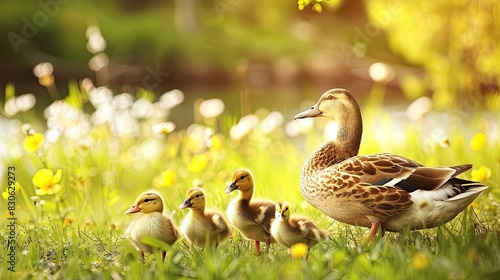Mother Duck Leading Six Tiny Offspring Across a Lush, Flowery Field