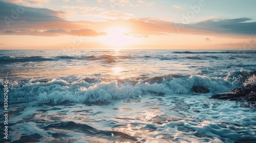 Serene Sunset Scene with Ocean  Shore  and Rock Formations