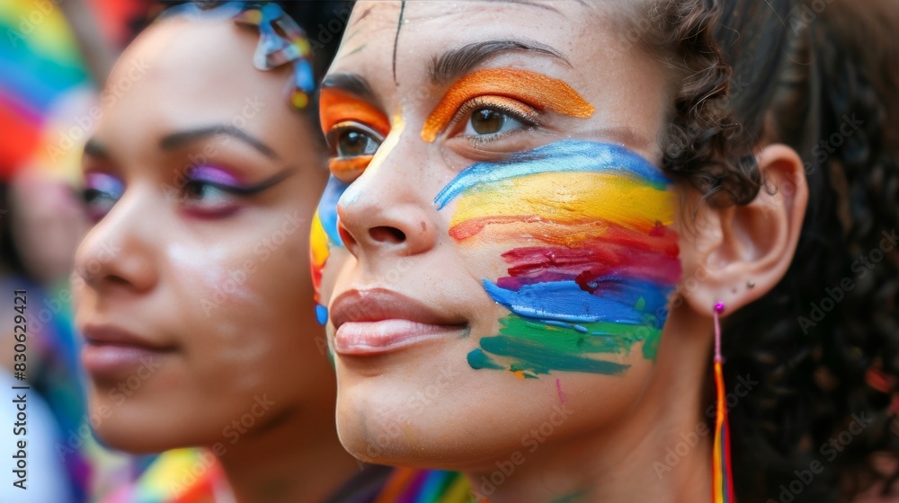 Participants at a Pride parade proudly displaying rainbow face paint, symbolizing diversity and inclusion. celebration and solidarity within the LGBTQ+ community Participants at a Pride parade proudly displaying rainbow face paint, symbolizing diversity and inclusion. celebration and solidarity within the LGBTQ+ community