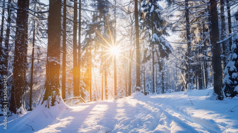 Serene Winter Forest Scene with Sparkling Snow and Sunlit Trees Serene Winter Forest Scene with Sparkling Snow and Sunlit Trees