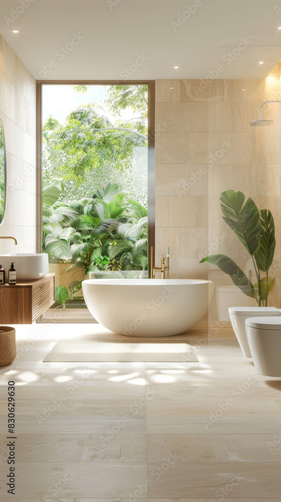 Fototapeta premium Luxurious Modern Bathroom with Natural Light and Lush Green View