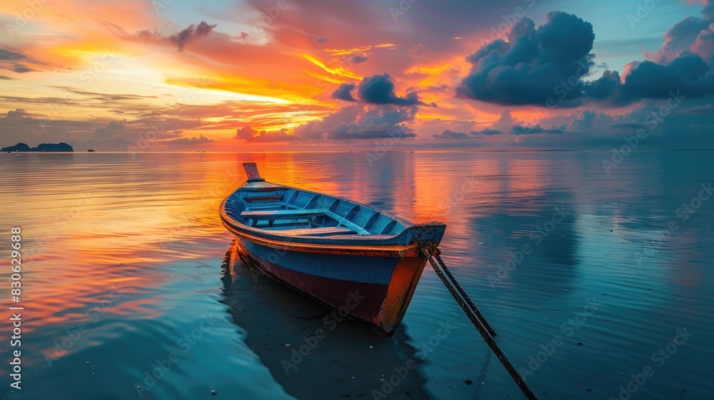 Tranquil Scene of a Wooden Boat at Sunset on a Clear Lake Tranquil Scene of a Wooden Boat at Sunset on a Clear Lake