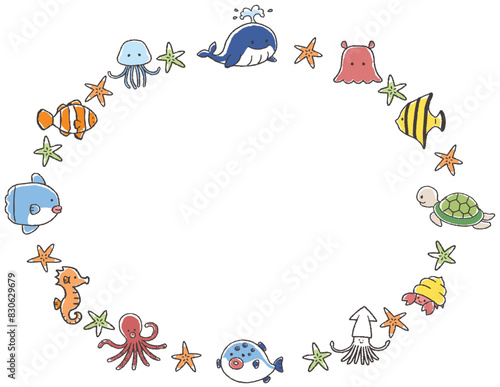 かわいい海の生き物・魚の手描きフレームイラスト