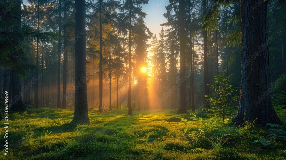 Fototapeta premium Serene Sunlit Forest Scene at Dawn or Dusk