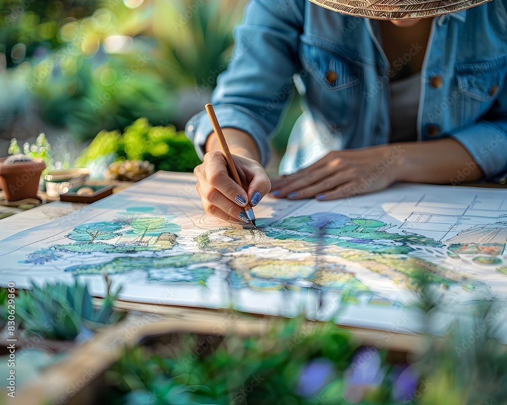 Landscape Designer Sketching Plans for a Serene Garden Oasis Capturing the Essence of Nature s Beauty through Creative Design and Planning Landscape Designer Sketching Plans for a Serene Garden Oasis Capturing the Essence of Nature s Beauty through Creative Design and Planning