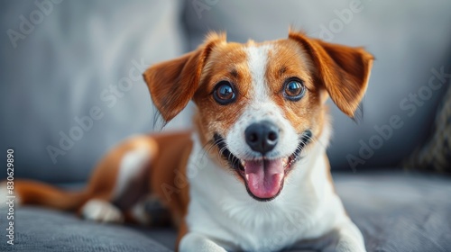 Adorable Brown and White Dog on Gray Couch with Playful Expression © Настя Олейничук