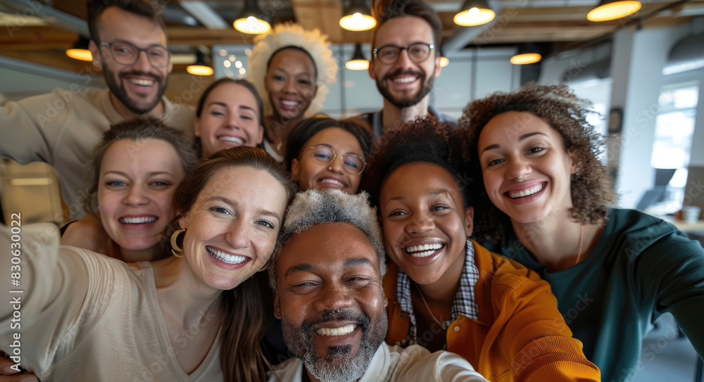 a diverse group taking a selfie in an office, smiling and laughing together, with various ages and skin tones, wearing casual attire.