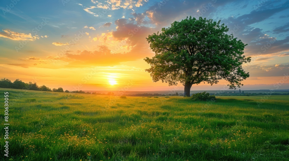 Fototapeta premium Serene Sunset Landscape with Majestic Tree and Vibrant Field