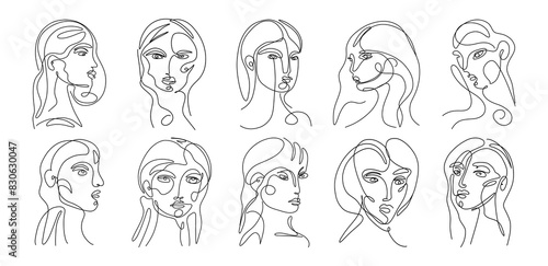 Abstract portraits of women and men. Minimal trendy fashion human face sketches, continuous line art print beauty concept. Vector isolated set