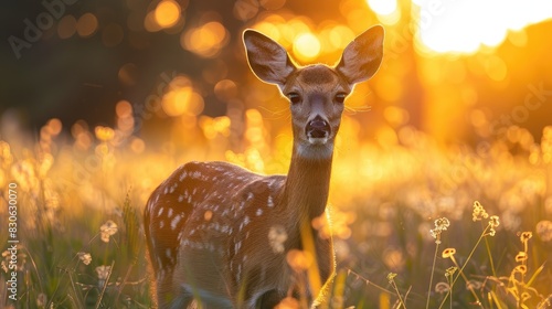 Serene Sunset with Spotted Deer in Lush Grassland photo