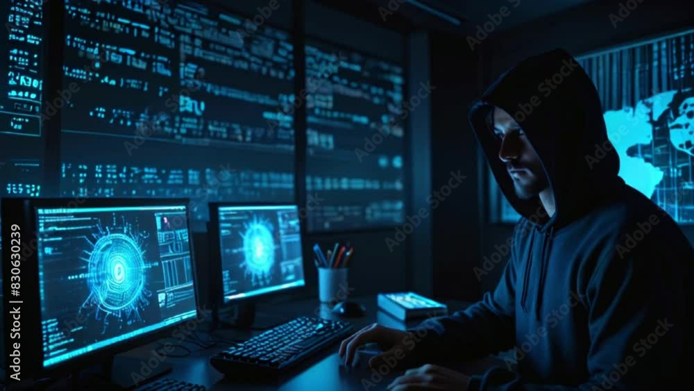Hacker working on computer in office Hacker working on computer in office