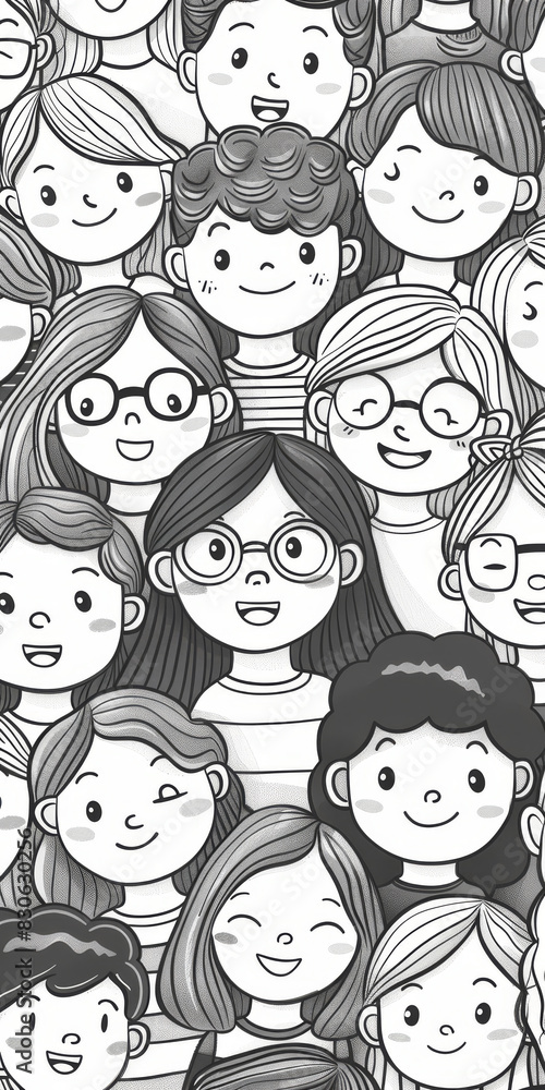 Enthusiastic Multigenerational Group Portrait in Black and White Illustration Enthusiastic Multigenerational Group Portrait in Black and White Illustration