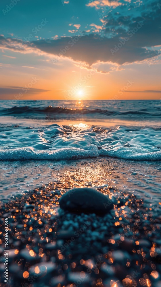 Obraz premium Solitary Rock Amidst Dynamic Ocean and Tranquil Beach Scene