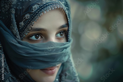 Close-up portrait of young Woman muslim in burqa with hidden face.