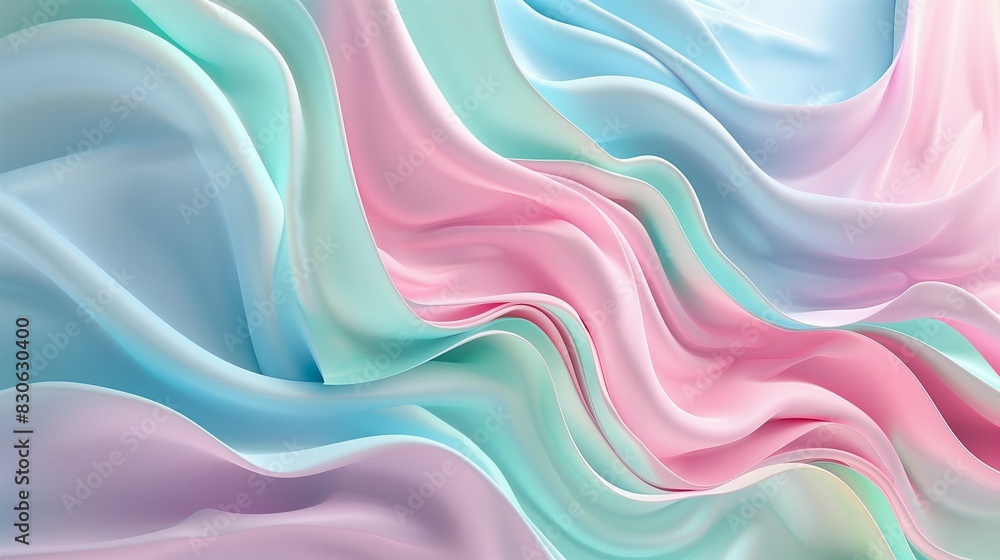 Obraz premium An abstract wallpaper featuring a cascade of colorful, wavy stripes in pastel shades of pink, blue, and mint green, forming a soft and soothing visual effect,