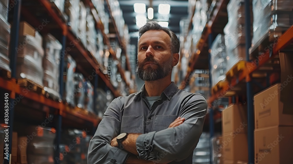 Fototapeta premium Focused Logistics Manager Overseeing Warehouse Ensuring Efficient Supply Chain and Delivery Processes