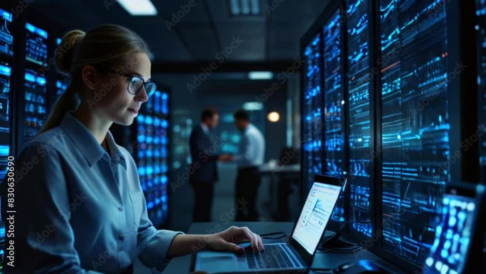 A woman wearing glasses is sitting in a server room, typing on a laptop. There are two other people standing in the background, talking. A woman wearing glasses is sitting in a server room, typing on a laptop. There are two other people standing in the background, talking.