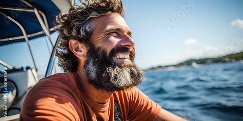 Happy man starting deepsea fishing trip at tropical port. Concept Outdoor Adventure, Fishing Excursion, Tropical Destination, Joyful Moment photo