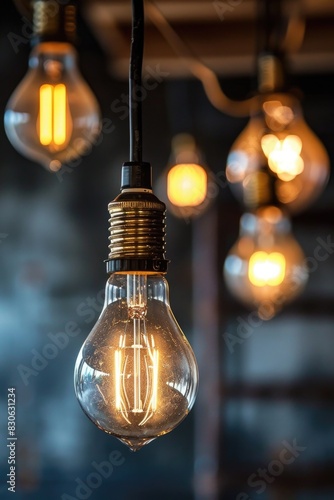 closeup of light bulbs hanging on their electrical wires © Xkerz