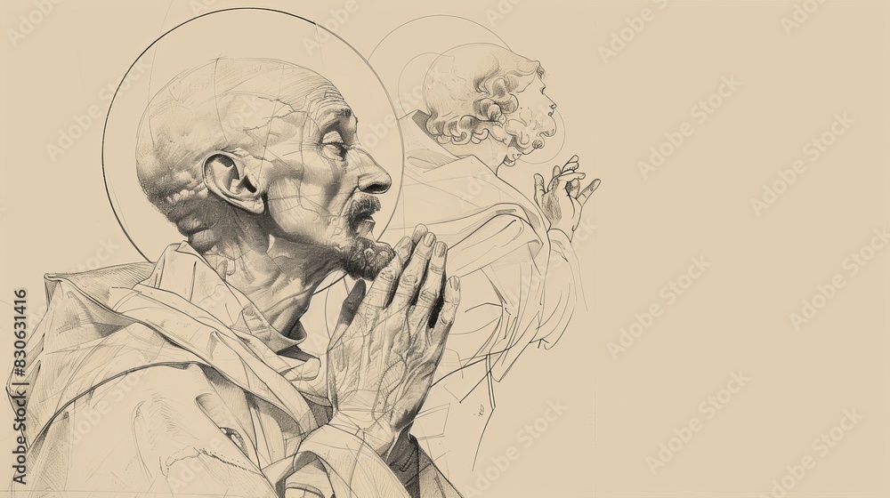 St. Ignatius of Loyola in Prayer with Vision of Christ, Jesuit Order, Biblical Illustration, Beige Background, Copyspace St. Ignatius of Loyola in Prayer with Vision of Christ, Jesuit Order, Biblical Illustration, Beige Background, Copyspace