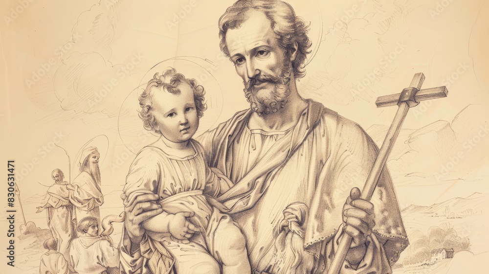 Fototapeta premium St. Joseph Holding Infant Jesus and Carpenter's Tool with Family Scene, Biblical Illustration, Beige Background, Copyspace