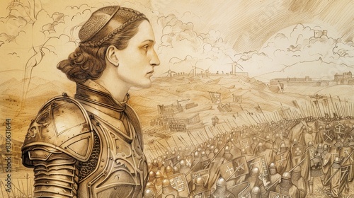 St. Joan of Arc in Armor Leading French Army, Banner of France, Biblical Illustration, Beige Background, Copyspace photo
