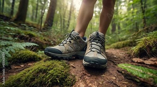 pair of green hiking boots sit on a forest floor covered in moss and ferns. photo