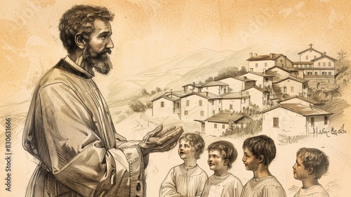 St. John Bosco Teaching Children in 19th-Century Italian Village, Biblical Illustration, Beige Background, Copyspace photo