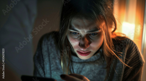 A young white woman or teen looks at her cellphone or mobile in panic, lit by the screen, she is stressed and worried, revenge porn, cybercrime, landscape n16:9 format with copy space