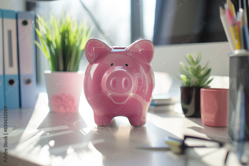A pink piggy bank sits on a desk next to a notebook and a potted plant. The piggy bank is a symbol of saving money and financial responsibility A pink piggy bank sits on a desk next to a notebook and a potted plant. The piggy bank is a symbol of saving money and financial responsibility