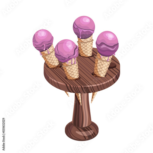 Pink ice cream in waffle cups on a wooden stand on a white background.Vector illustration of a dessert for restaurant menus, summer designs.