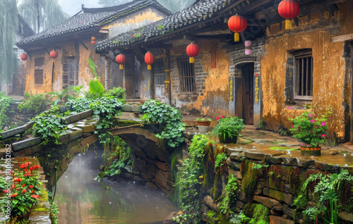 In the ancient village of Guizhou, an old thatched house is covered with moss and green plants. The walls have yellow mud brick walls on which red decorations can be seen hanging