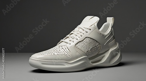  futuristic white sneaker with geometric shapes and a large sole.