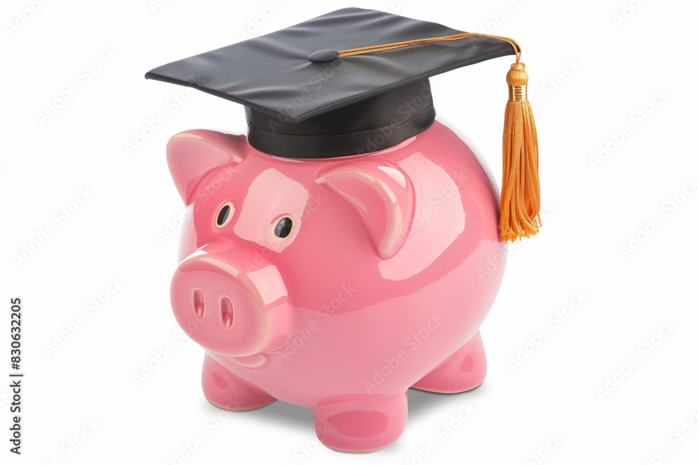 A pink piggy bank with a black cap on top of it. A pink piggy bank with a black cap on top of it.