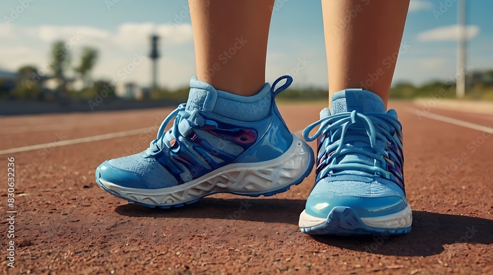  person wearing white, blue, and red sneakers is standing on a track.
