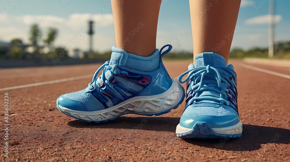 person wearing white, blue, and red sneakers is standing on a track.
person wearing white, blue, and red sneakers is standing on a track.