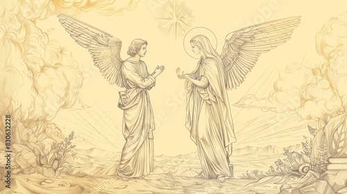 St. Gabriel the Archangel in Annunciation, Celestial Landscape, Biblical Illustration, Beige Background, Copyspace photo