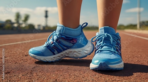  person wearing white  blue  and red sneakers is standing on a track. 