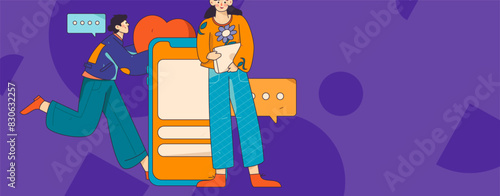 Virtual characters social communication concept business flat vector hand drawn illustration
