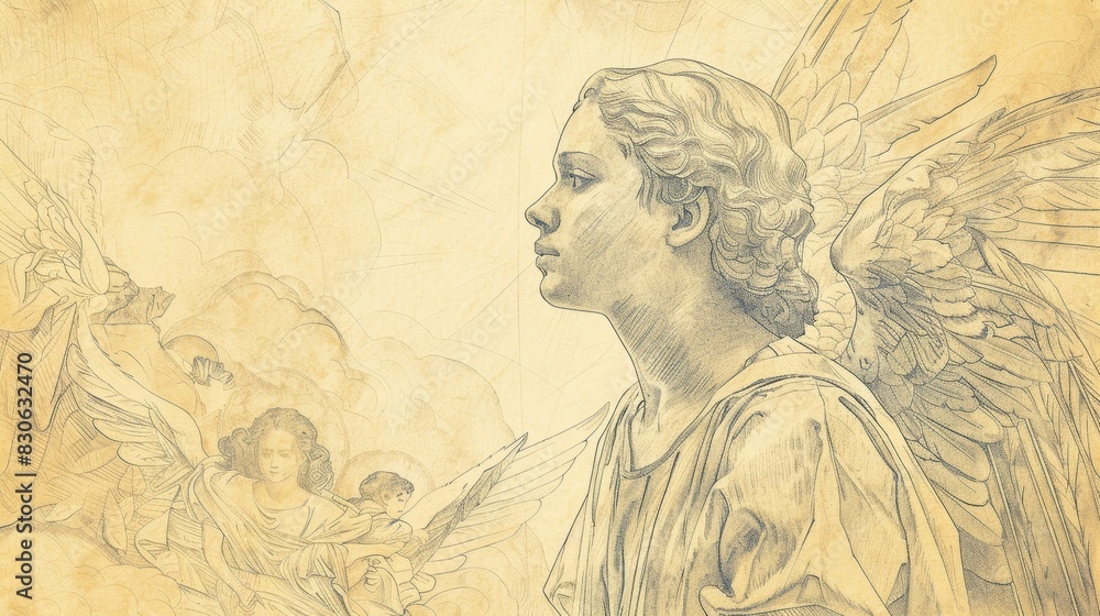 St. Gabriel the Archangel in Annunciation, Celestial Landscape, Biblical Illustration, Beige Background, Copyspace St. Gabriel the Archangel in Annunciation, Celestial Landscape, Biblical Illustration, Beige Background, Copyspace