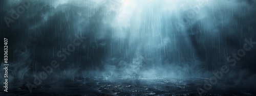 A dark and stormy background with heavy rain pouring down, casting long shadows and obscuring the horizon in a veil of mist.