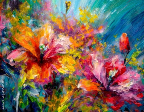 Oil painting of flowers. Abstract art background. Colorful flowers. Made with Generative AI.