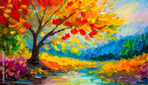 Painting of a tree with colorful flowers in the autumn season. Oil color painting. Generative AI.