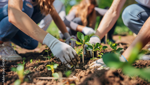 On June 5th, World Environment Day, people wearing gloves were planting trees and gardening in the garden. Young seedlings were planted against a green background, surrounded by blurry vegetation photo