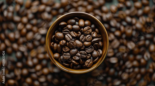 Organic coffee cup filled with coffee beans displayed on a background of scattered coffee beans photo