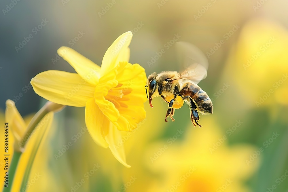 Close-up macro of bee on yellow flower. Honey bee collects nectar. Flying large honeybee collecting bee pollen from flowers blossom. Blur natural background. Sunny bright day. Summer and spring. Close-up macro of bee on yellow flower. Honey bee collects nectar. Flying large honeybee collecting bee pollen from flowers blossom. Blur natural background. Sunny bright day. Summer and spring.