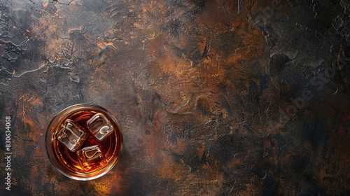 Whisky, bourbon or cognac. Hard strong alcoholic drink, place for text, top view